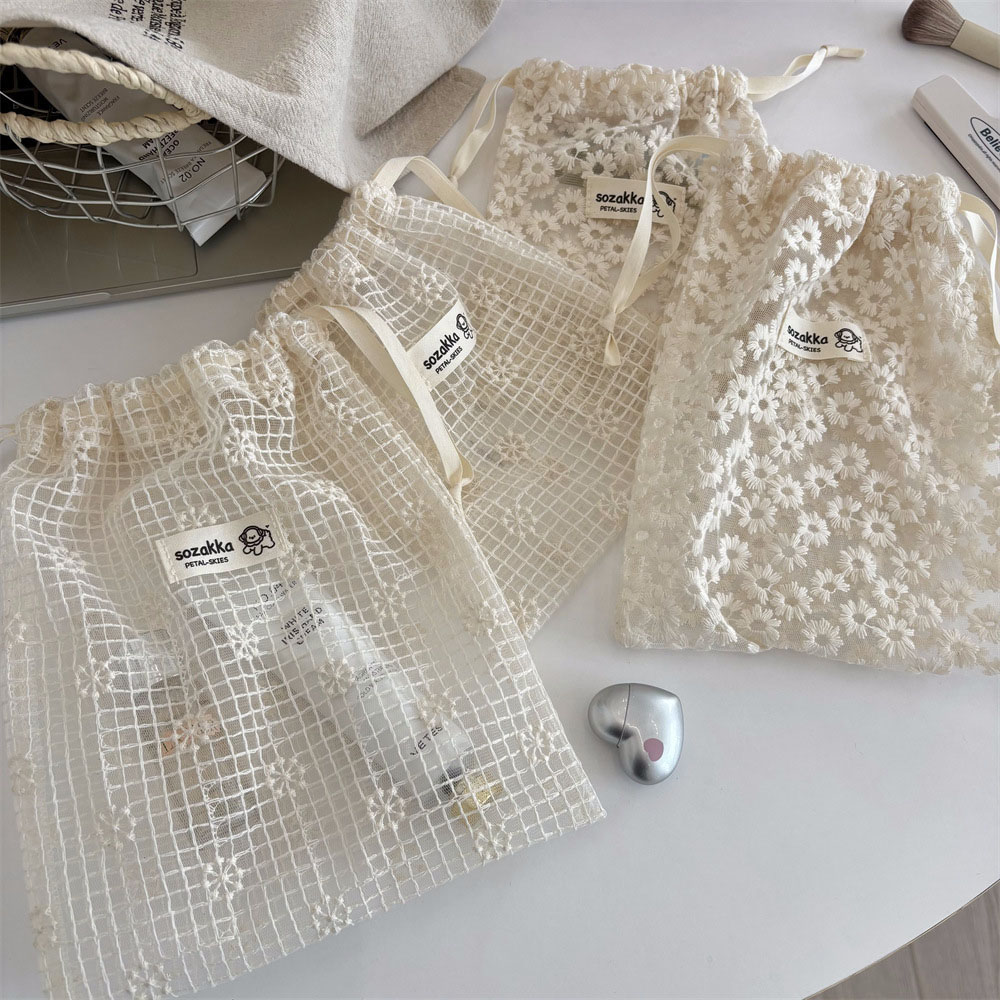 Travel Accessories Organizer Bag - Lace Embroidered Daisy Mesh Drawstring Makeup